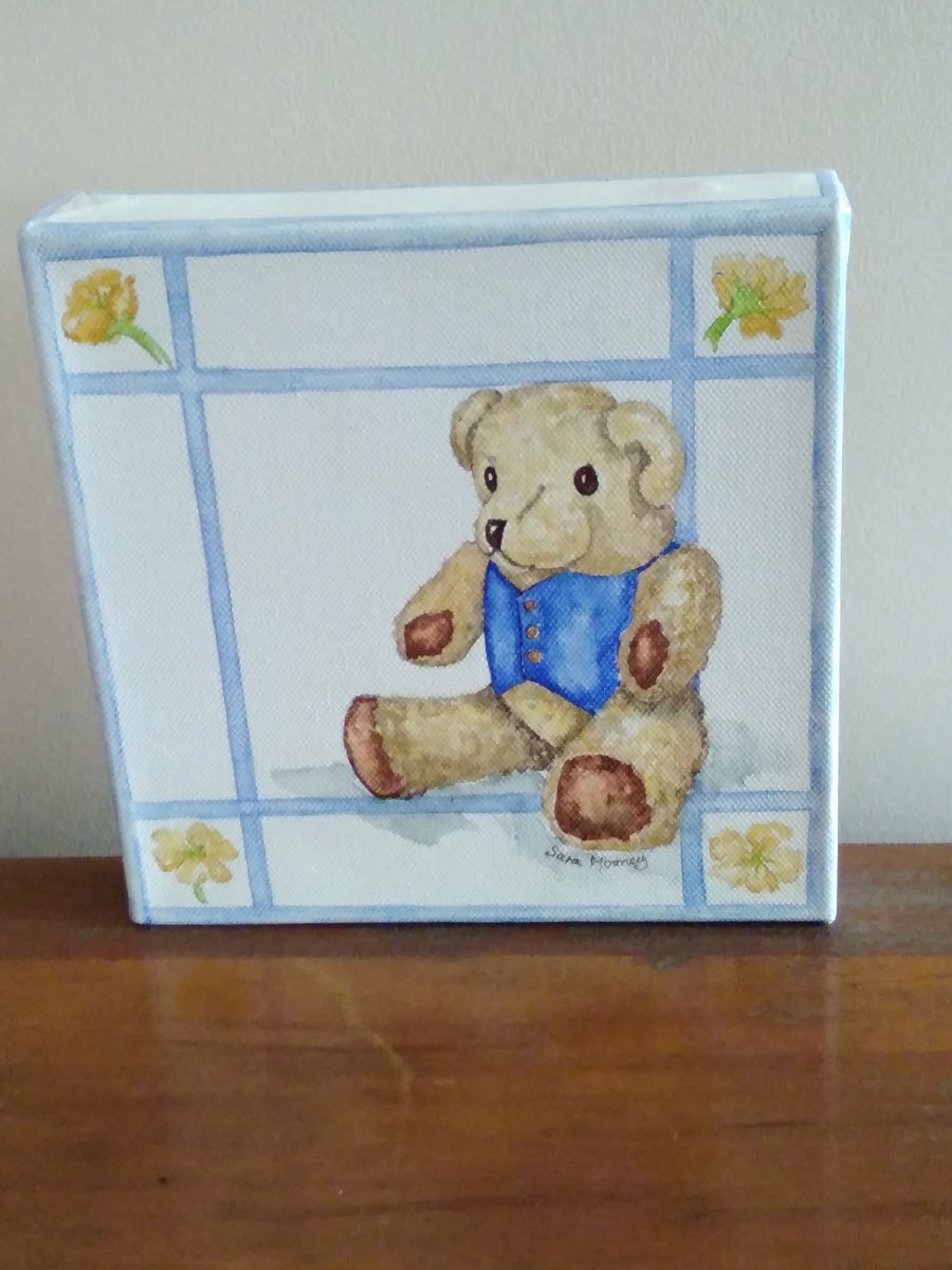 Teddy bear orignal painting with blue waistcoat and buttercup border on canvas