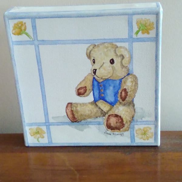 Teddy bear orignal painting with blue waistcoat and buttercup border on canvas