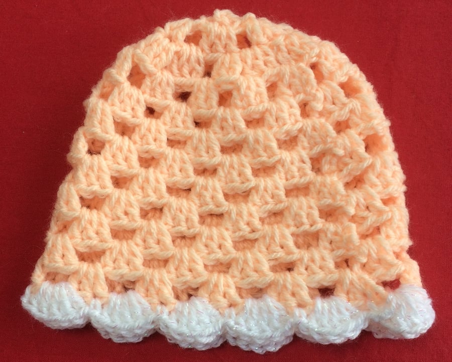 Winter Crochet Baby Beanie Apricot Peach Sparkly White Hand Crochet Baby Hat