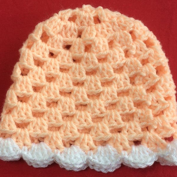 Winter Crochet Baby Beanie Apricot Peach Sparkly White Hand Crochet Baby Hat