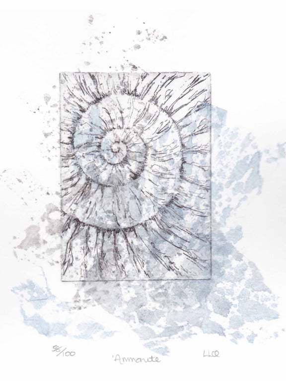 Etching no.58 of an ammonite fossil with chine colle in an edition of 100