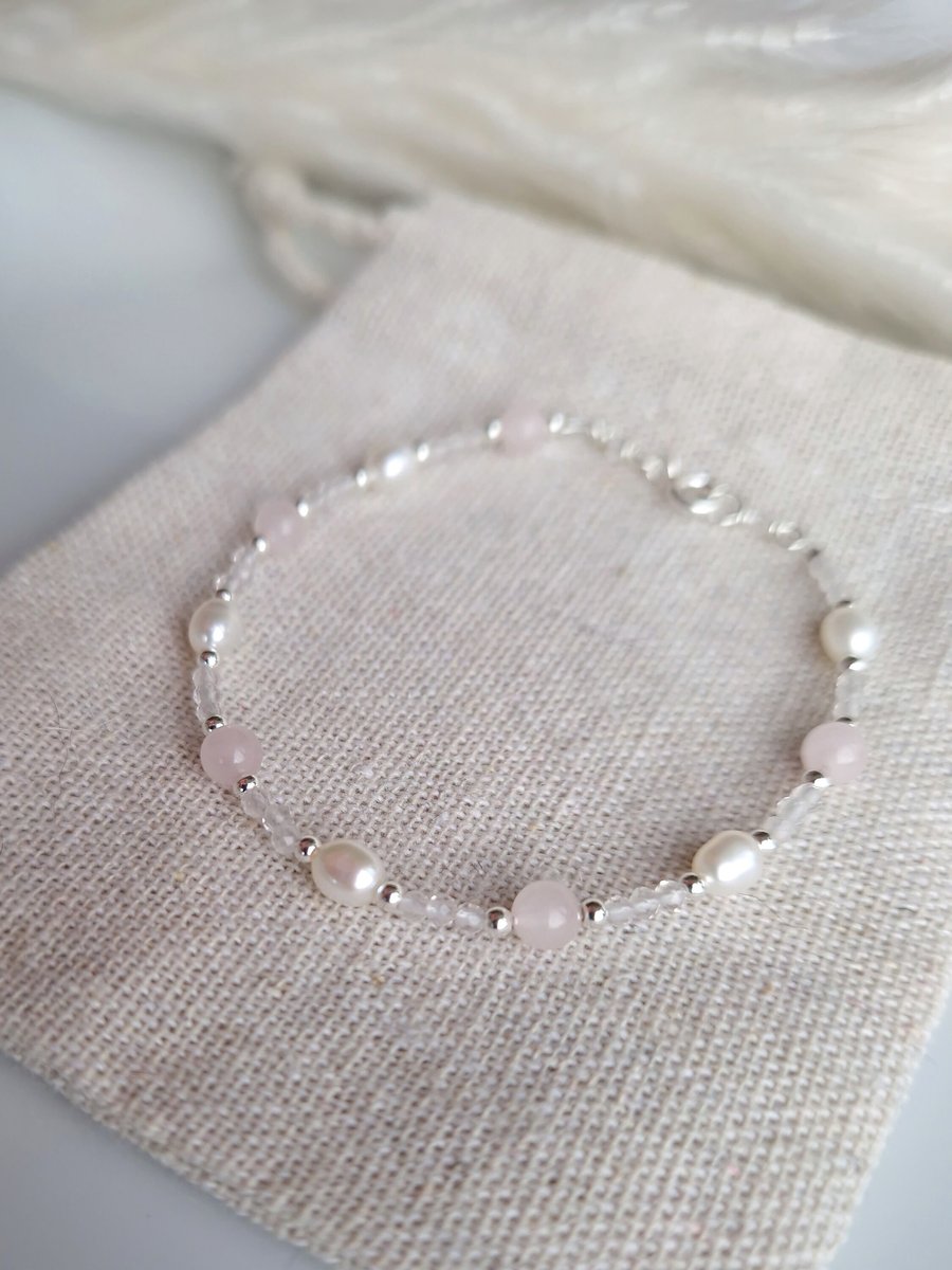 Beaded rose quartz freshwater pearl and sterling silver bracelet for love