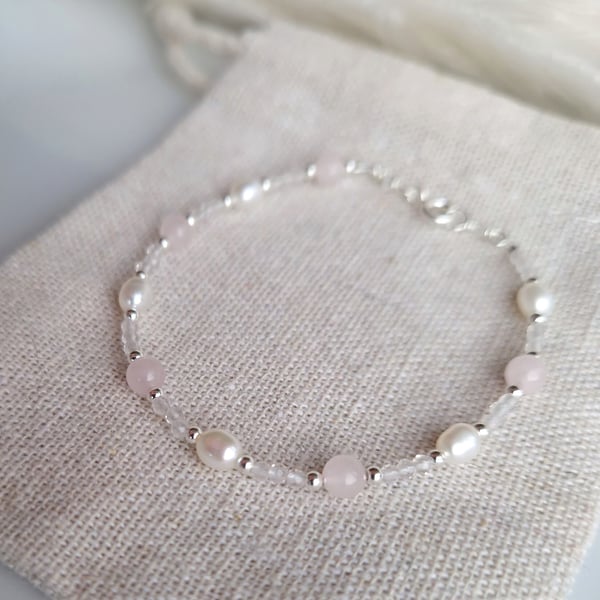 Beaded rose quartz freshwater pearl and sterling silver bracelet for love