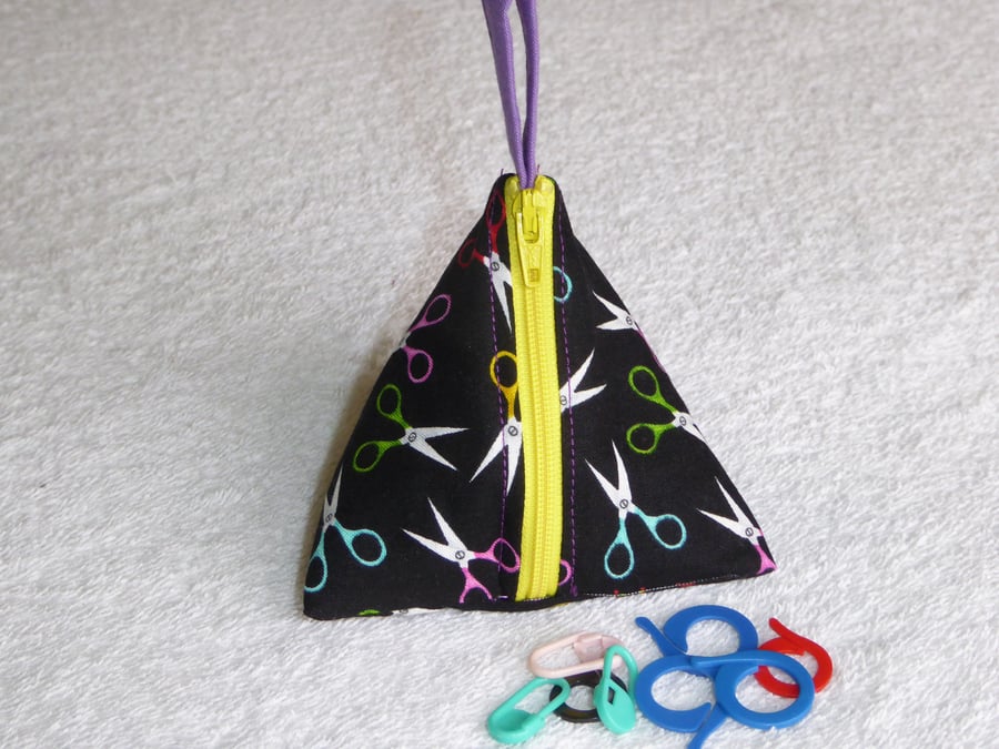  Stitch Marker Holder. Mini Pyramid Purse. Sewing Notions Holder. Scissors Print