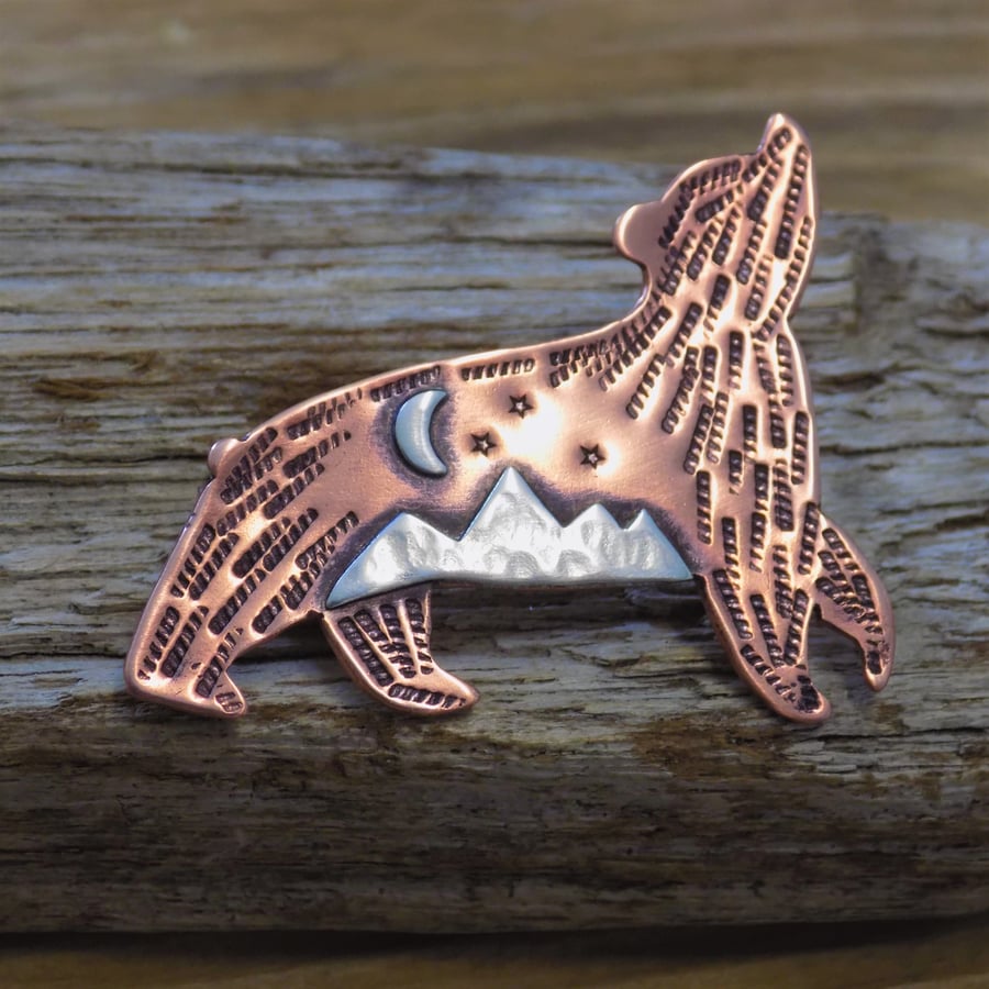 Copper and silver 'mountain bear' mixed metal brooch (1)