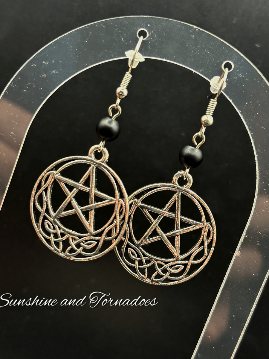 Obsidian and Silver Plated Pentagram Earrings - Handmade - Drop Earrings