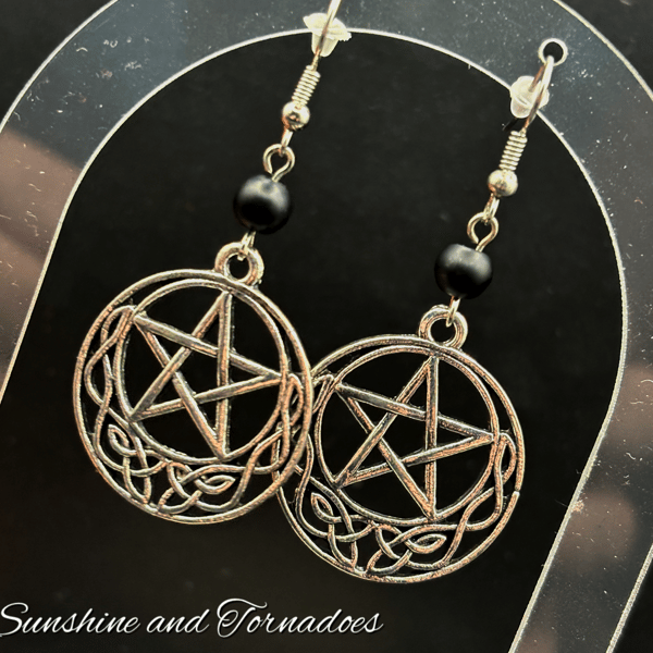 Obsidian and Silver Plated Pentagram Earrings - Handmade - Drop Earrings
