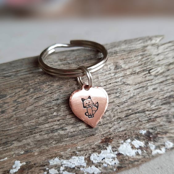 Heart Shaped Fox Key Ring - Hand Stamped Copper  - 7th Anniversary Gift