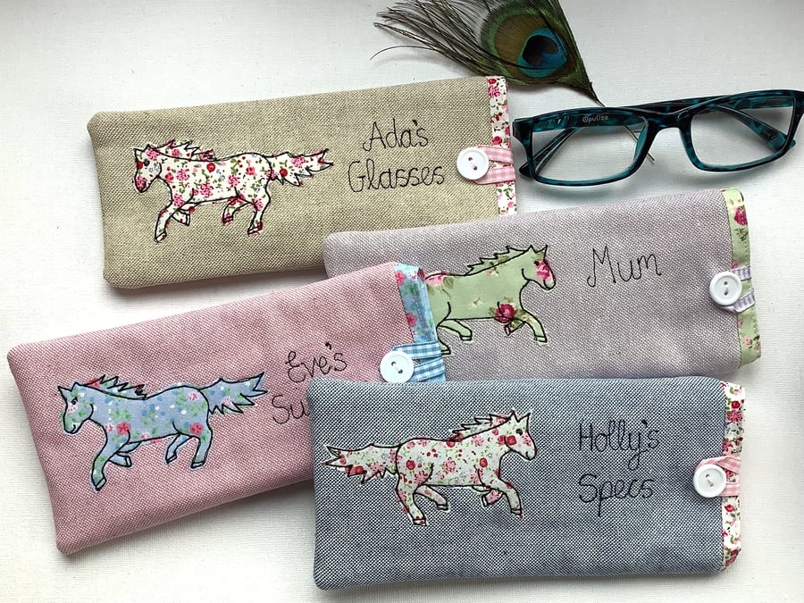 Personalised Horse Glasses Case - Free Motion Embroidery Linen Spectacle Pouch