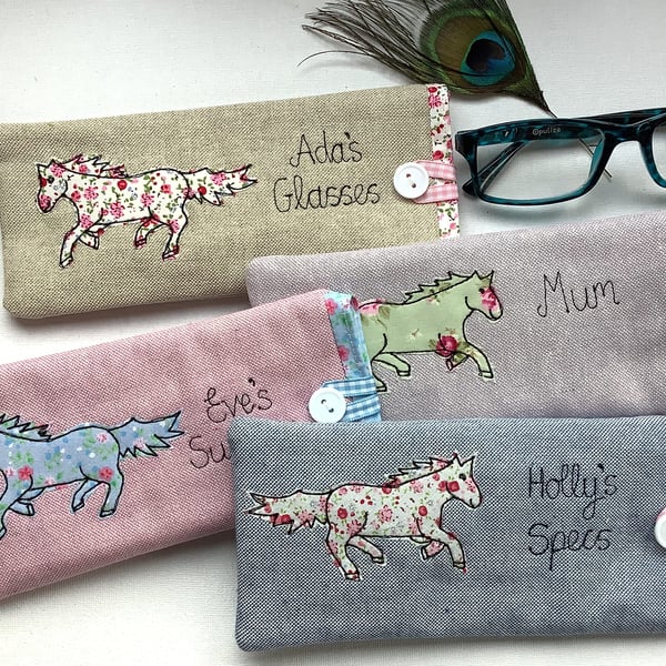 Personalised Horse Glasses Case - Free Motion Embroidery Linen Spectacle Pouch