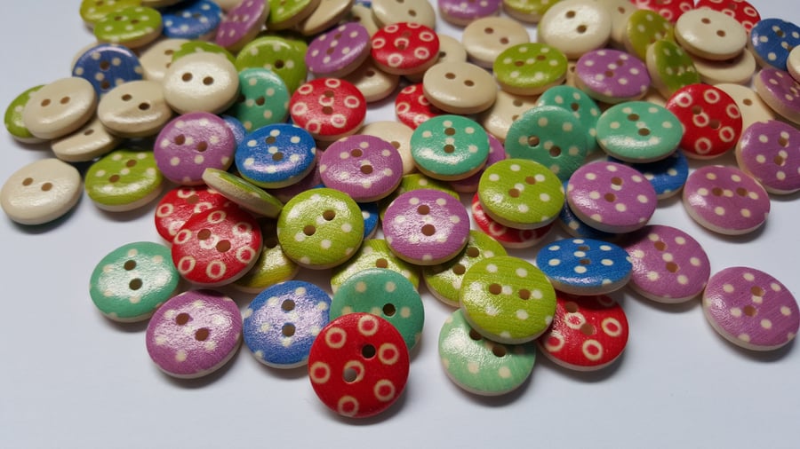 50 x 2-Hole Printed Wooden Buttons - Round - 15mm - Dots - Mixed Colour