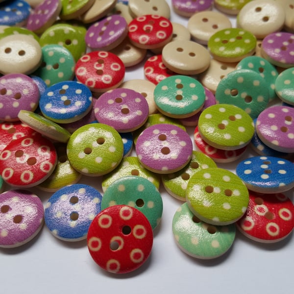 50 x 2-Hole Printed Wooden Buttons - Round - 15mm - Dots - Mixed Colour
