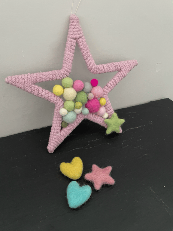 Pretty Marino wool ball filled nursery decor hanging star shape wall art 