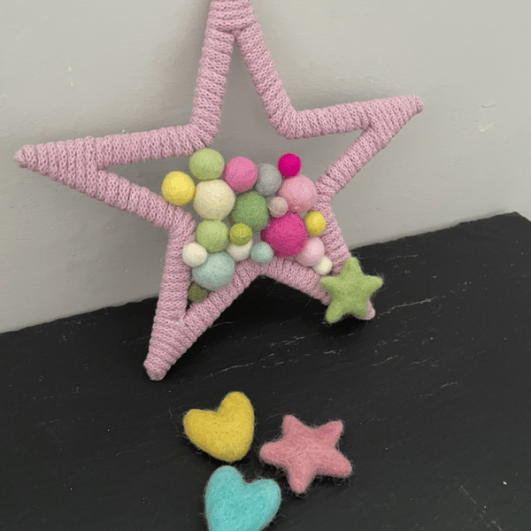 Pretty Marino wool ball filled nursery decor hanging star shape wall art 
