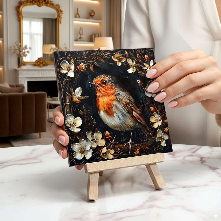 The Robin Ceramic Tile Art On Easel - Gothic Home Decor - Room Decor