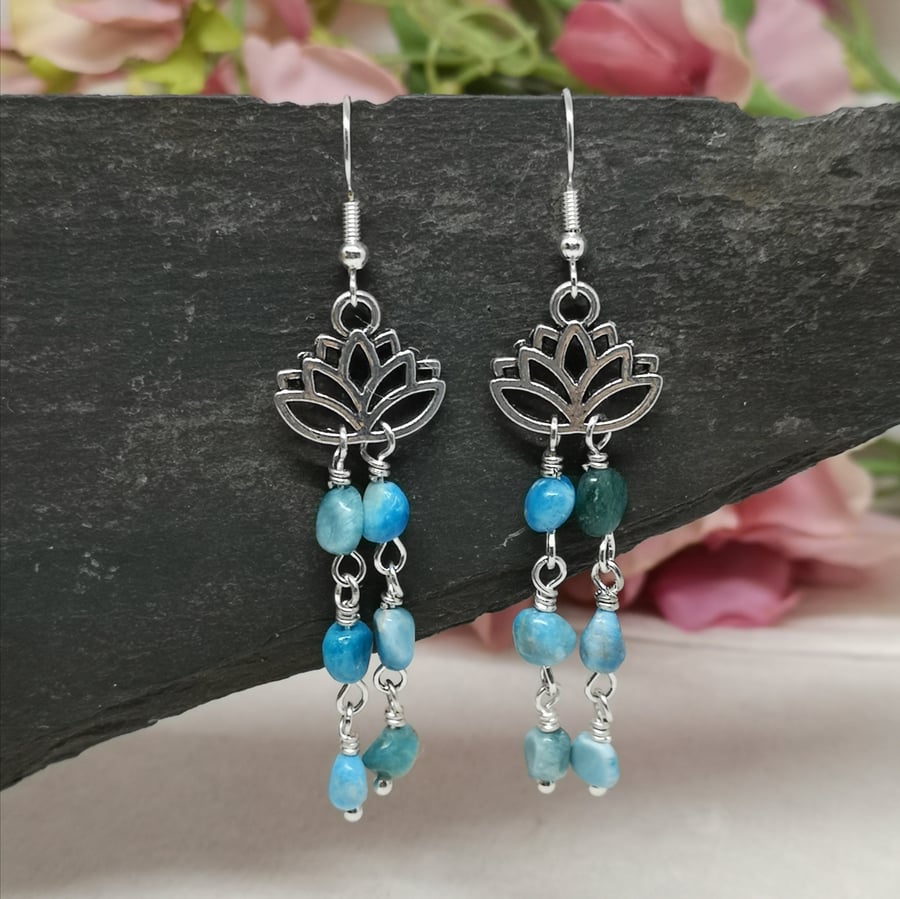Blue apatite gemstone and lotus flower dangle silver plated earrings 