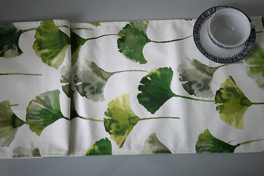 6.5ft Green Gray Table Runner Funky Modern Ginkgo Flower Cotton Sideboard Cover