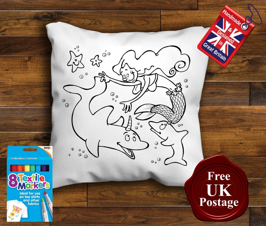 Mermaid Colouring Cushion Cover With or Without Fabric Pens Choose Your Size