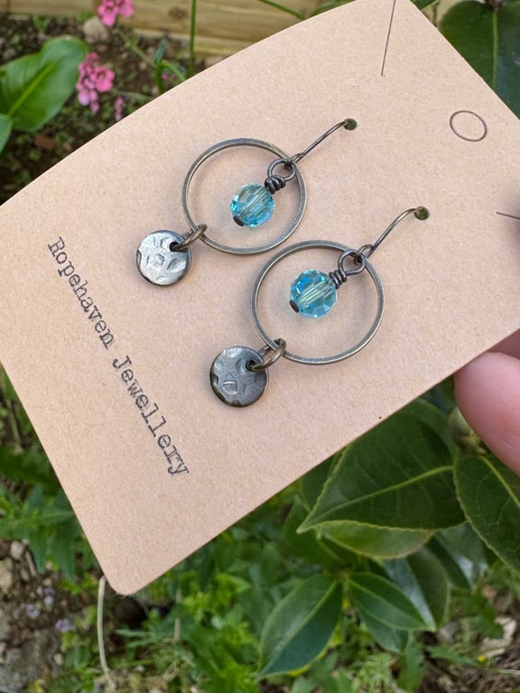 Antique Style Dainty Hoop Earrings with Pale Blue Crystals Handmade in Cornwall