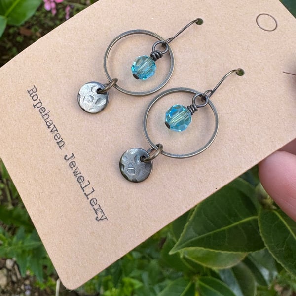 Antique Style Dainty Hoop Earrings with Pale Blue Crystals Handmade in Cornwall