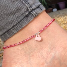 Pink Greek heart, seed bead and sterling silver anklet 