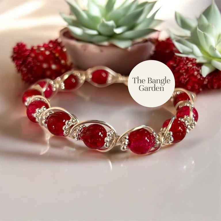 Wire wrapped silver & red bangle