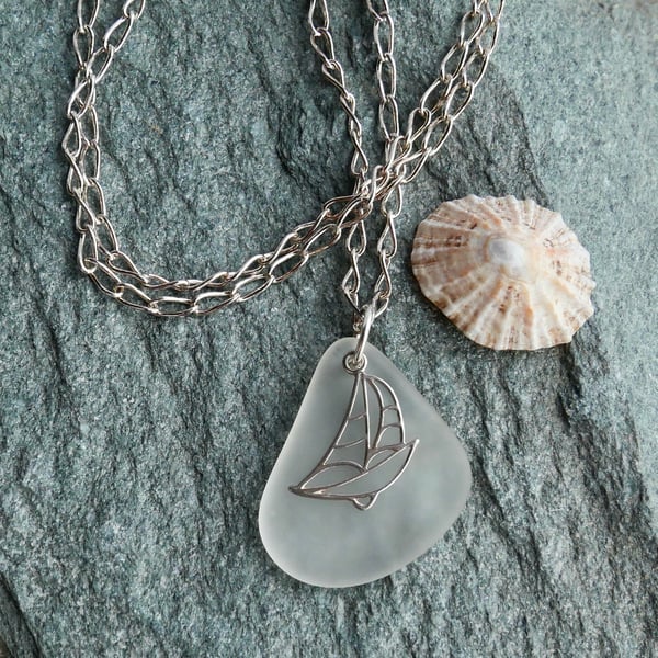 Smooth Frosted Sea Glass Pendant with Sterling Silver Boat Charm and Chain