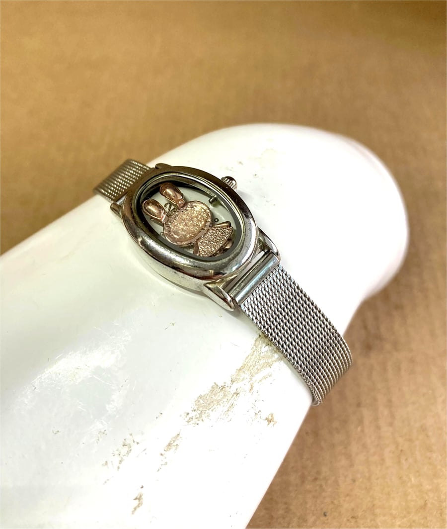 Upcycled Silver Colour Mesh Watch Decorated with a Copper Bunny Charm Bracelet 