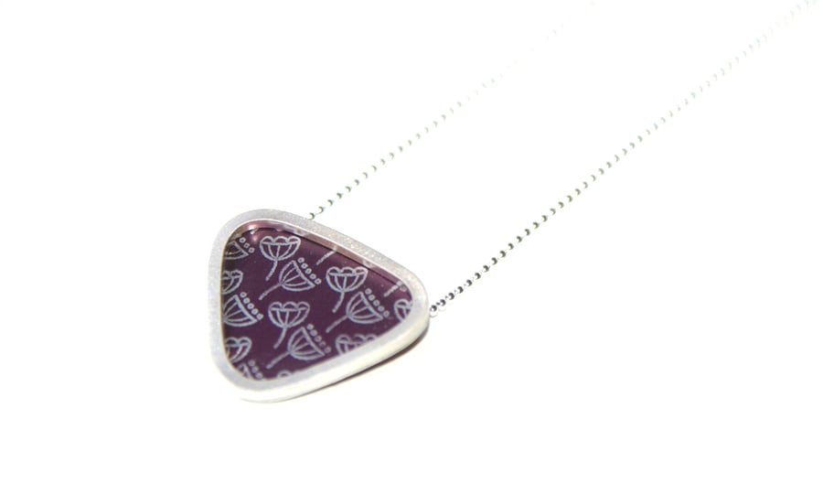 Silver and plum triangle necklace - seed heads pattern