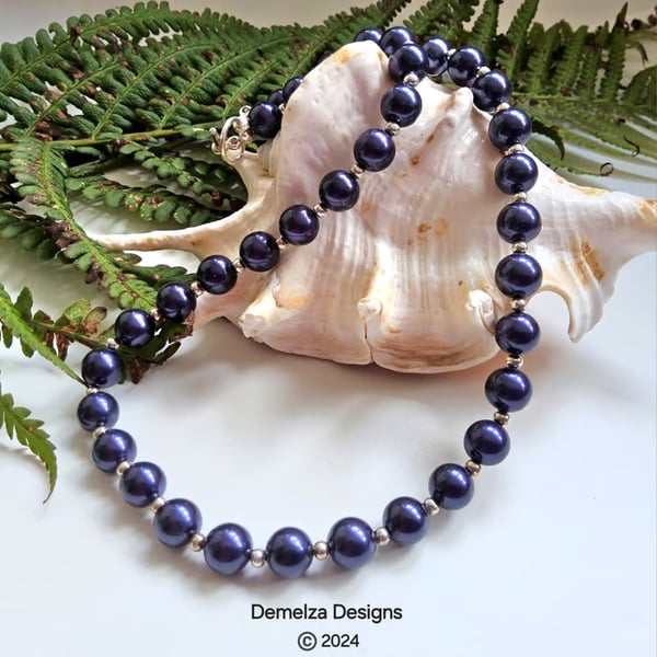 Deep Sapphire Blue  Shell Pearl Necklace Silver Plated