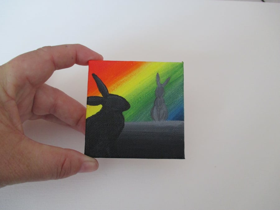 Rainbow Silhouette Bunny Rabbit Painting Miniature Canvas Picture Art