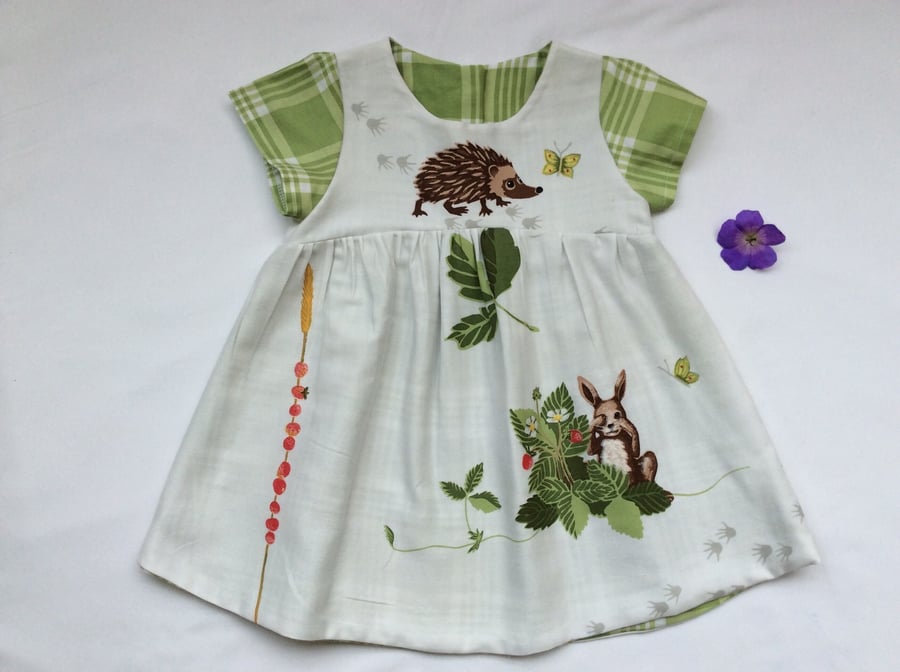 Baby Dress age 12 months Woodland, Hedgehog and Rabbit print