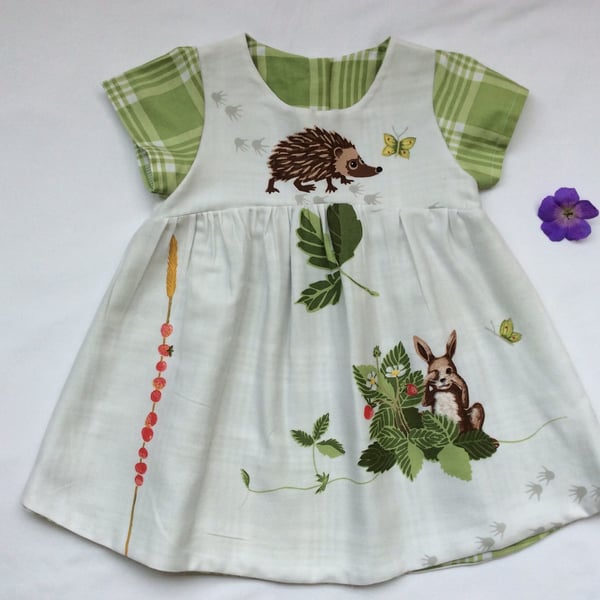 Baby Dress age 12 months Woodland, Hedgehog and Rabbit print
