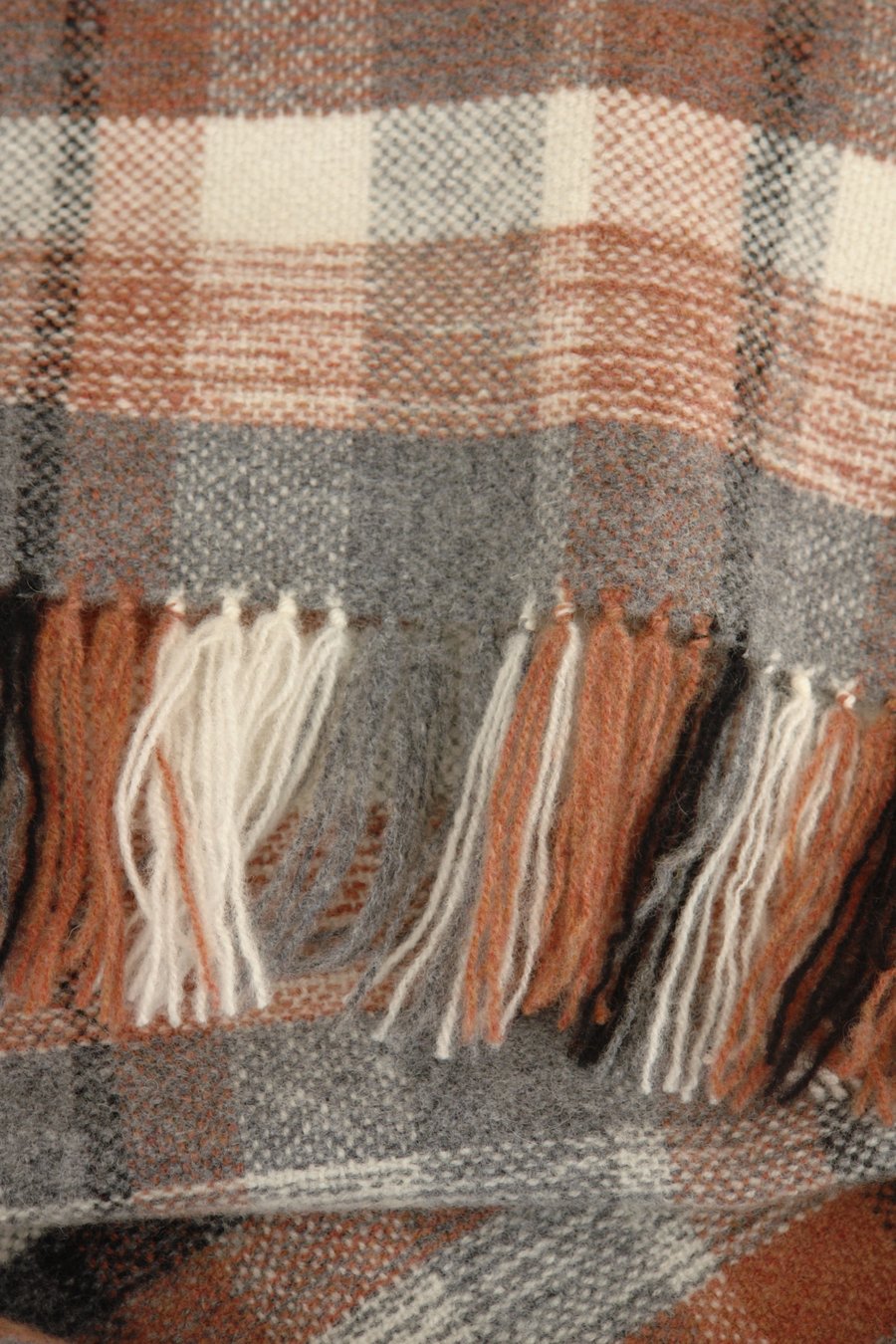 Luxury hand woven lambswool scarf. Rust, cream, grey and black