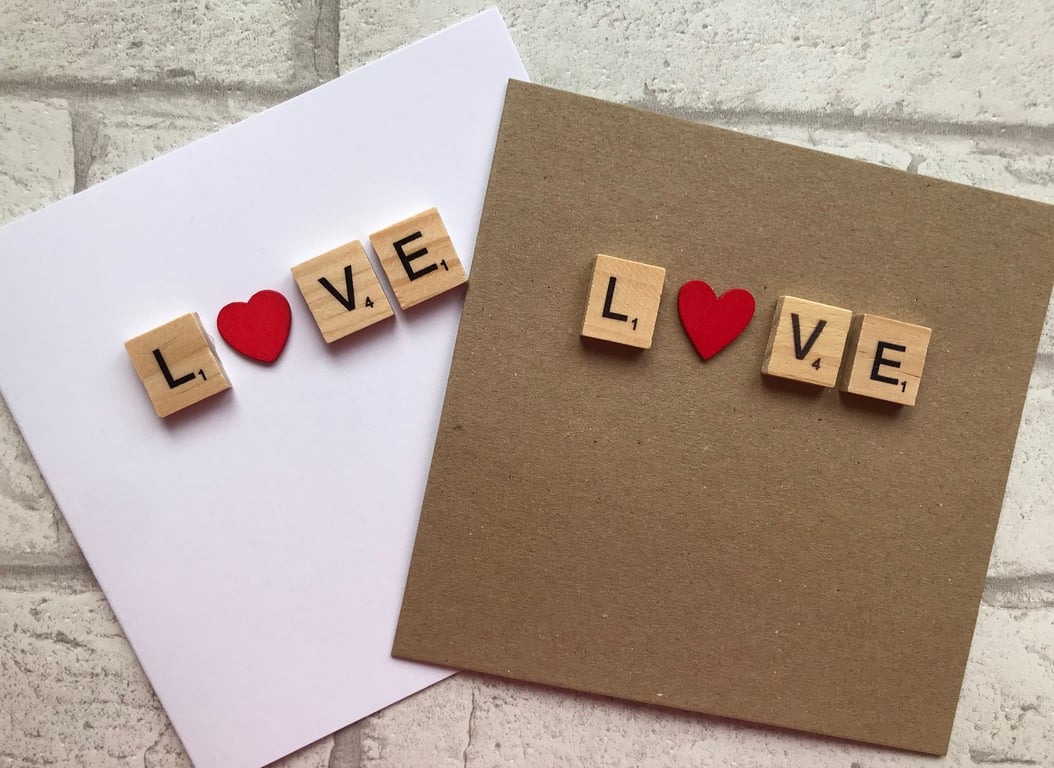 Handmade Scrabble Tile Love Card with Wooden Heart
