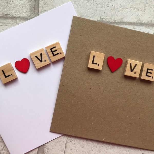 Handmade Scrabble Tile Love Card with Wooden Heart