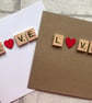 Handmade Scrabble Tile Love Card with Wooden Heart