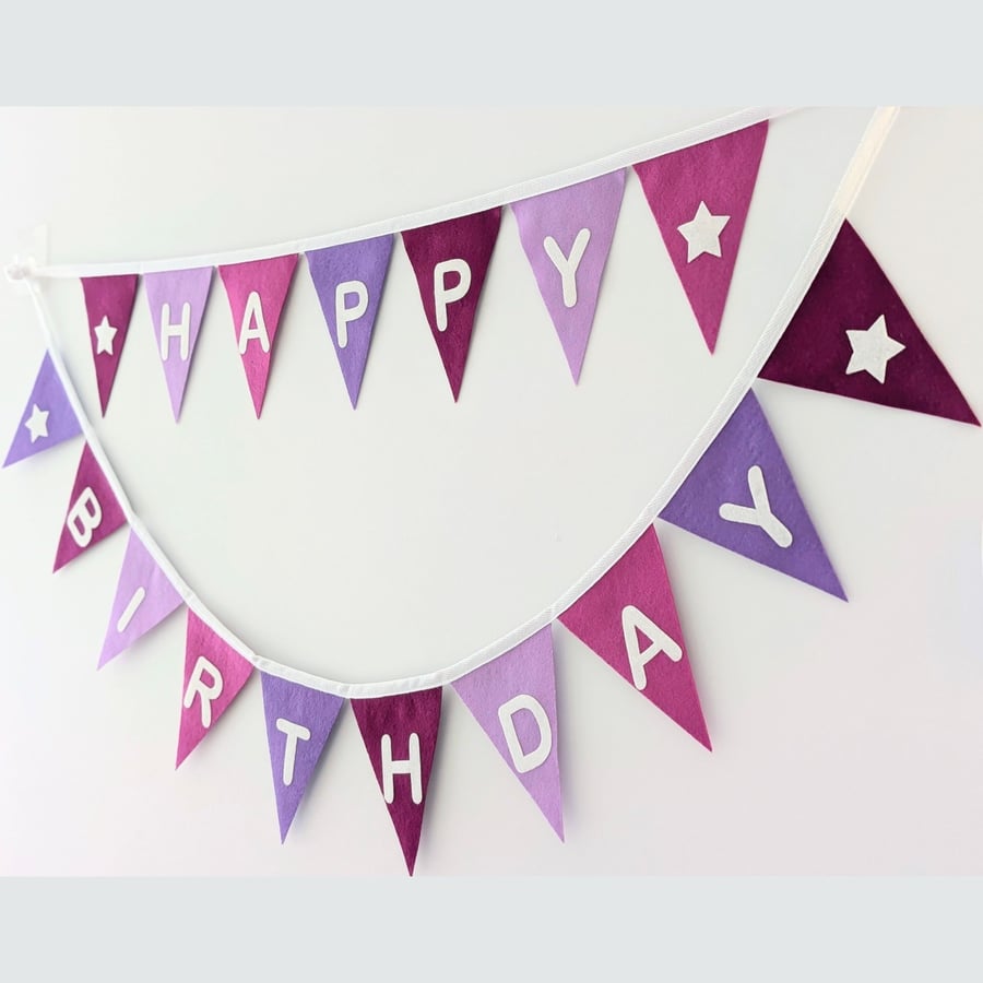 Felt Happy Birthday Bunting in Purple Tones: Reusable Party Banner