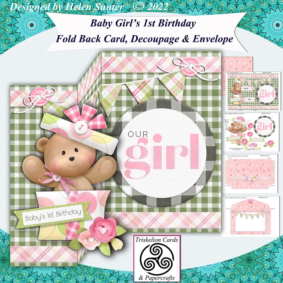 Printable Baby Girl First Birthday Fold Back Card Making Kit & Envelope 