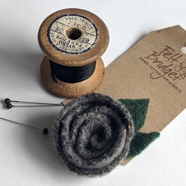 Tweed grey rose brooch: upcycled wool felt