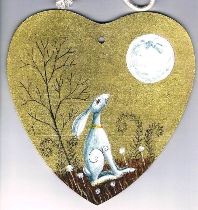 Chunky golden heart with white hare and moonlight 