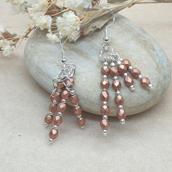 Silver plate earrings with beautiful czech copper colour beads dangle drop 