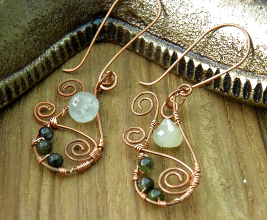 Tourmaline and Prehnite Copper Earrings