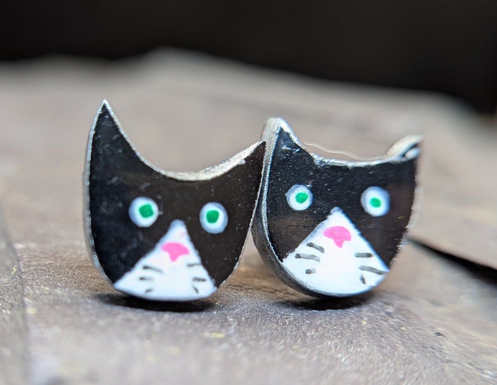 Black and white cat polymer clay stud earrings 