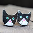 Black and white cat polymer clay stud earrings 