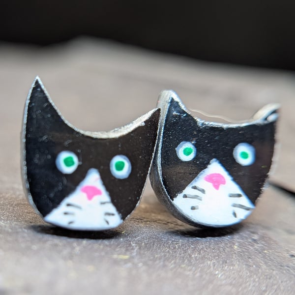 Black and white cat polymer clay stud earrings 