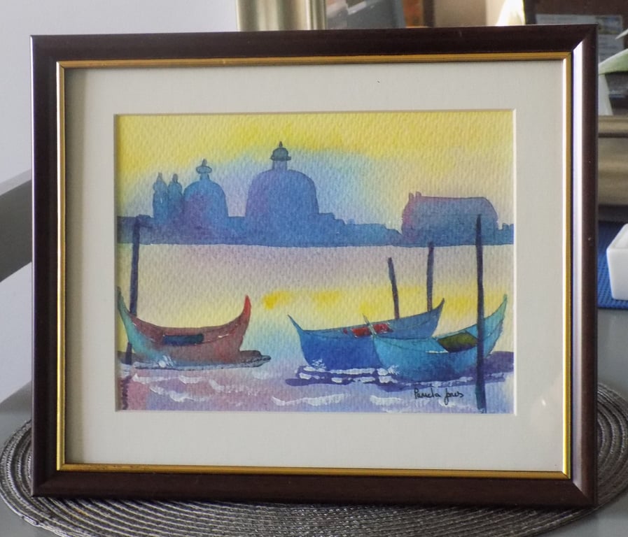 Gondolas, Venice, Original watercolour in 10 x 8'' Dark Wood Frame