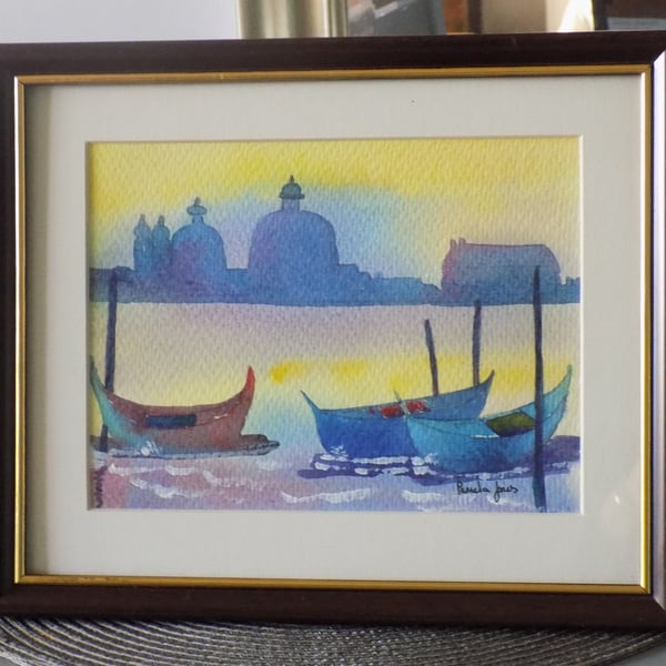 Gondolas, Venice, Original watercolour in 10 x 8'' Dark Wood Frame