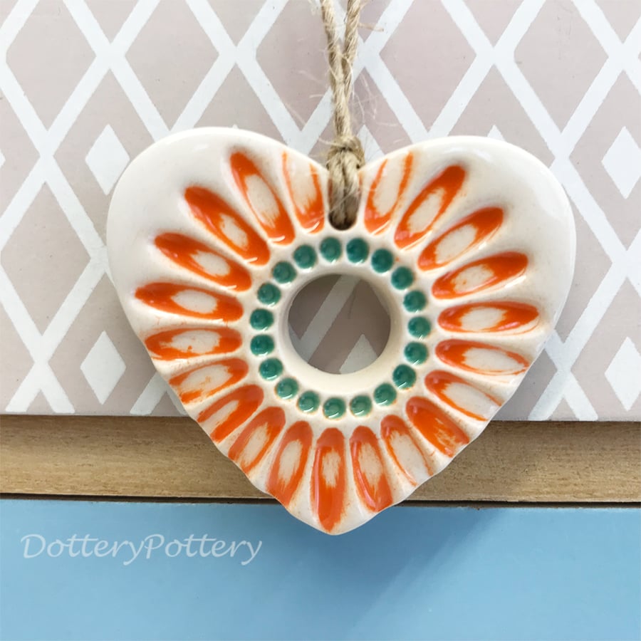Small Ceramic heart decoration with orange daisy