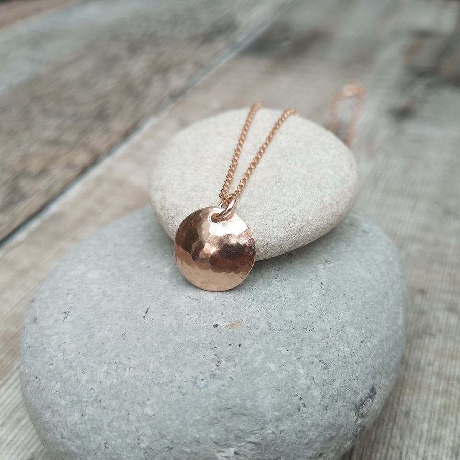 12ct Rose Gold Disc Necklace, Hammered Gold Necklace